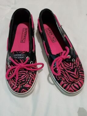 Girl's Size 3 Sperry Sparkly Black and Hot Pink Zebra Boat Shoes